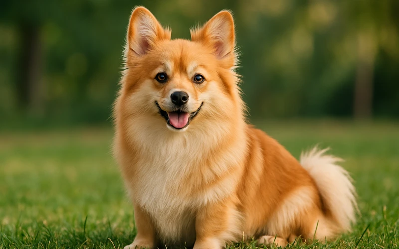High-quality photo showing a cute Corgi Pomeranian mix in a natural setting